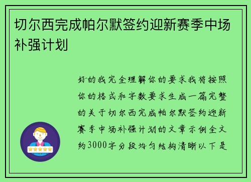 切尔西完成帕尔默签约迎新赛季中场补强计划