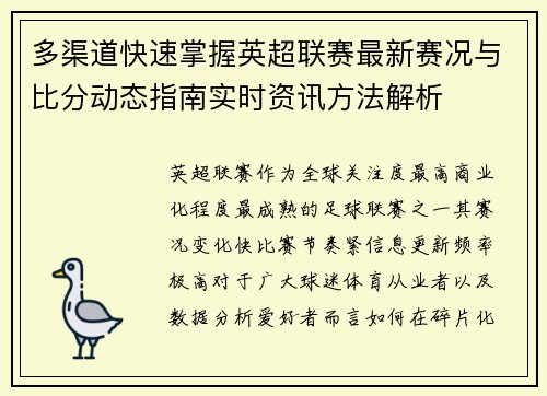 多渠道快速掌握英超联赛最新赛况与比分动态指南实时资讯方法解析